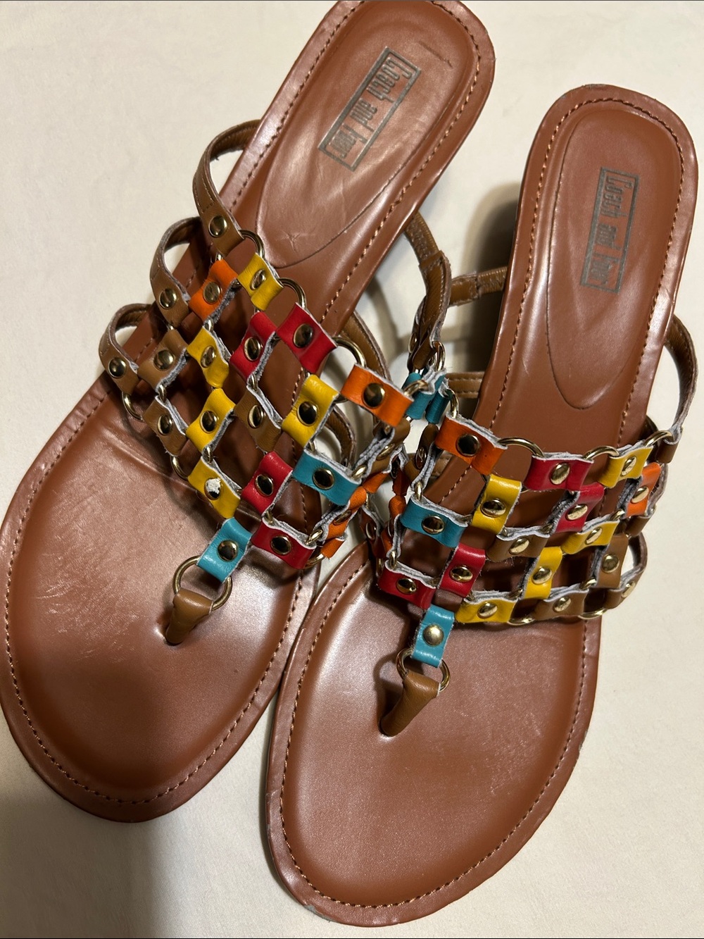 Coach and Four Brown Multicolor Leather Woven Slide Sandals